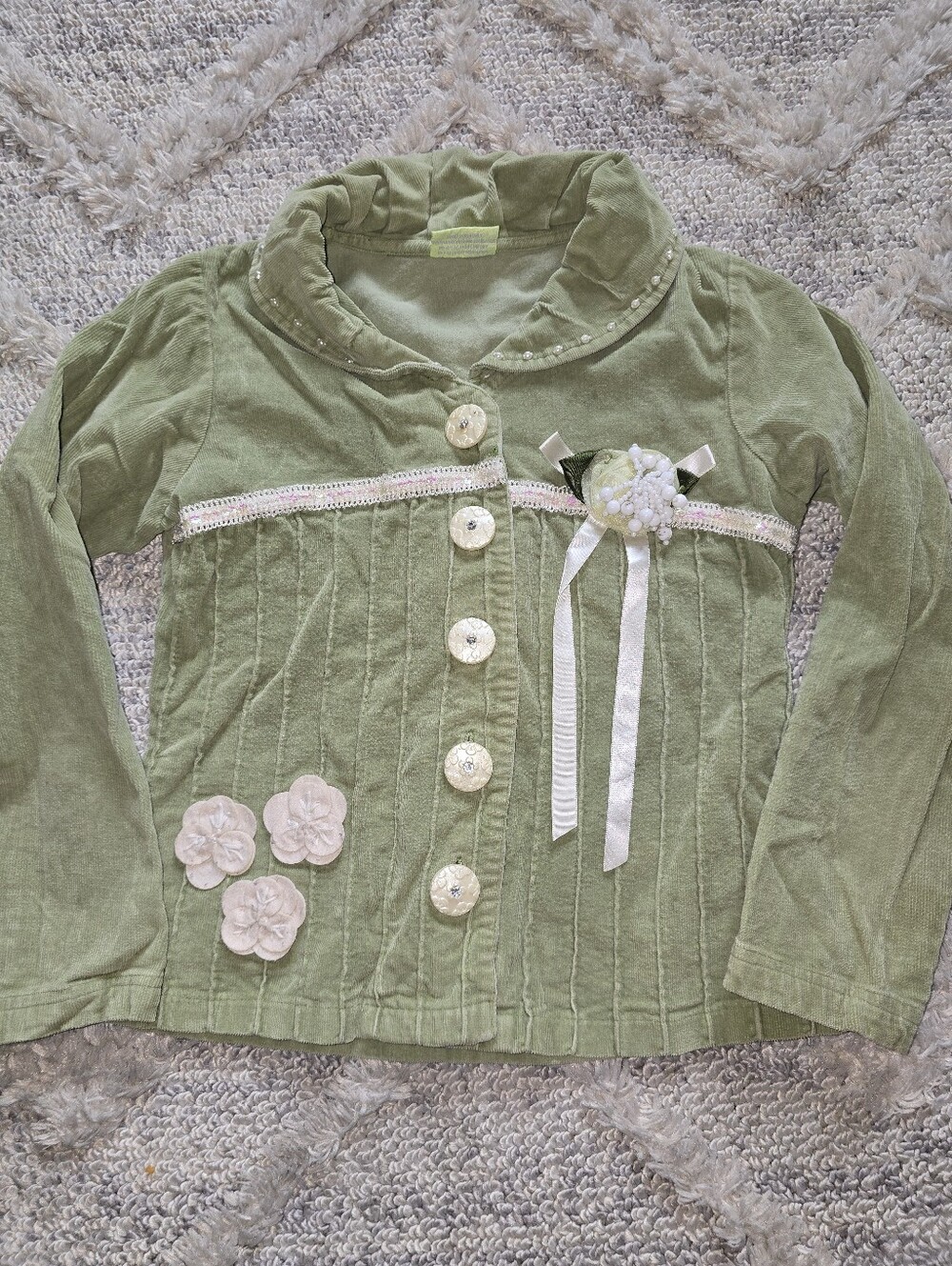 Vintage Cutecumber Corduroy Light Green Sage Embellished Jacket Girls Size 6/7